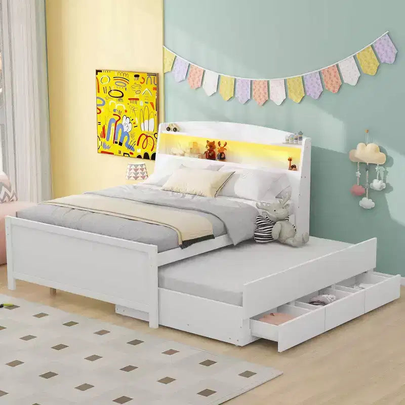 Twin/Full Size Platform Bed Frame with Storage LED Headboard, Twin Size Trundle and 3 Drawers, White-ModernLuxe