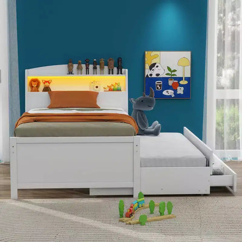 Lit plateforme avec rangement et tête de lit LED, lit gigogne simple