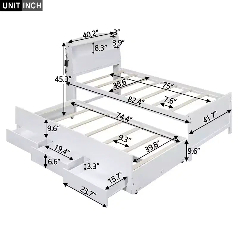 Lit plateforme avec rangement et tête de lit LED, lit gigogne simple