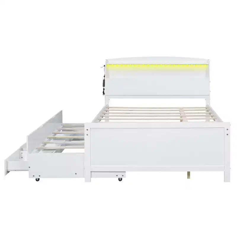 Lit plateforme avec rangement et tête de lit LED, lit gigogne simple