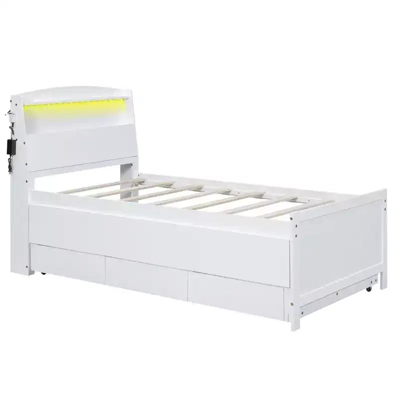 Lit plateforme avec rangement et tête de lit LED, lit gigogne simple