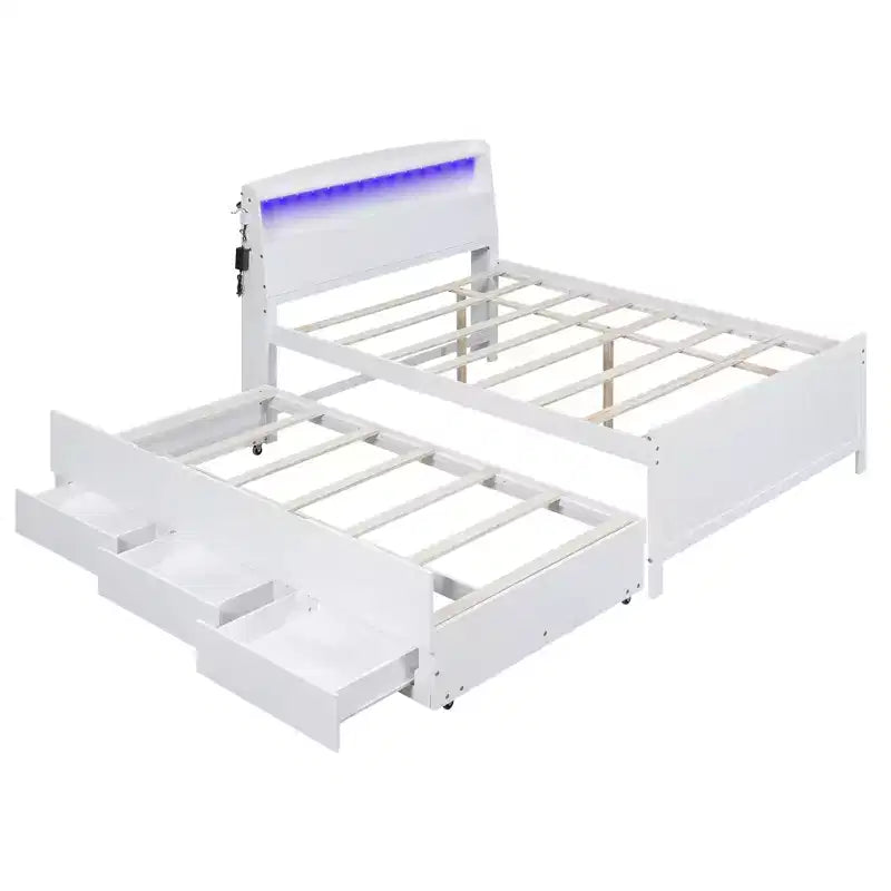 Lit plateforme avec rangement et tête de lit LED, lit gigogne simple