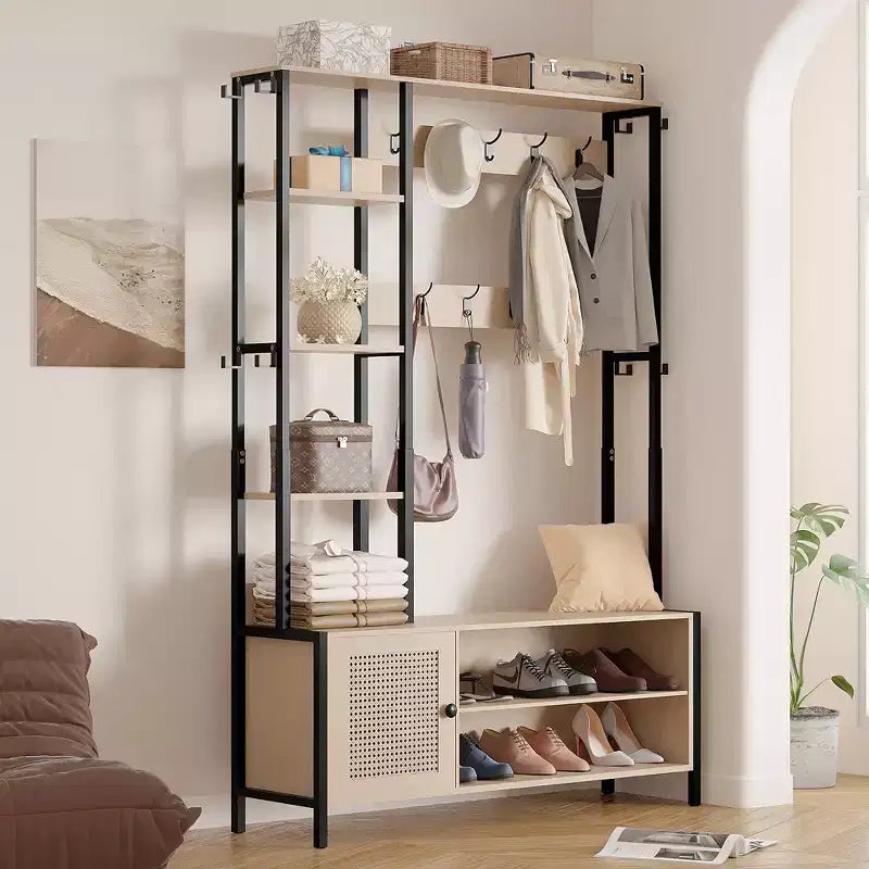 VECELO Hall Tree with Bench and Shoe Storage, 5-in-1 Entryway Coat Rack with 9 Hooks, 2-Tier Storage Shelves and Rattan Doors, Beige
