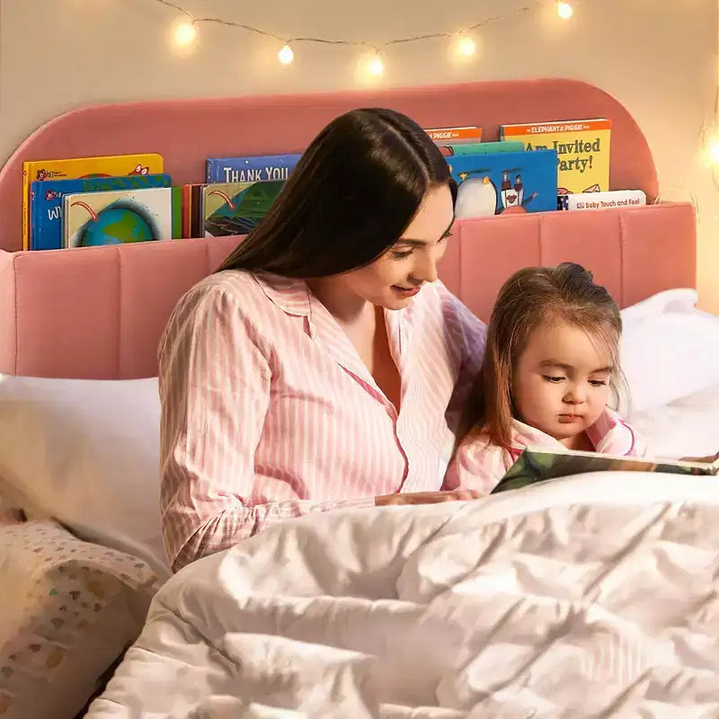 Cadre de lit plateforme capitonné en velours avec tête de lit bibliothèque