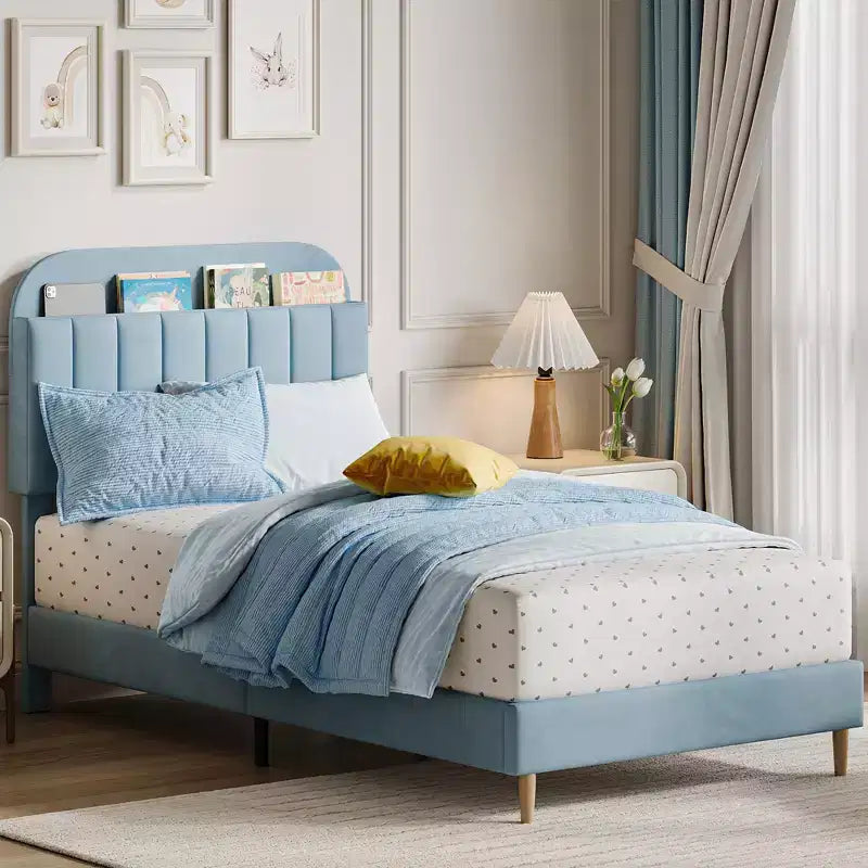Twin/Twin xl/Full Bed Frames, Velvet Upholstered Platform Bed Frame with Bookcase Headboard, Heavy Duty Steel Support Legs, Easy Assembly, Noise Free