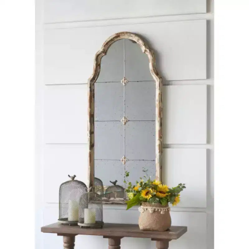 22 x 48 Large Cream & Gold Framed Wall Mirror, Wood Arched Mirror with Decorative Window Look for Living Room, Bathroom, Entryway