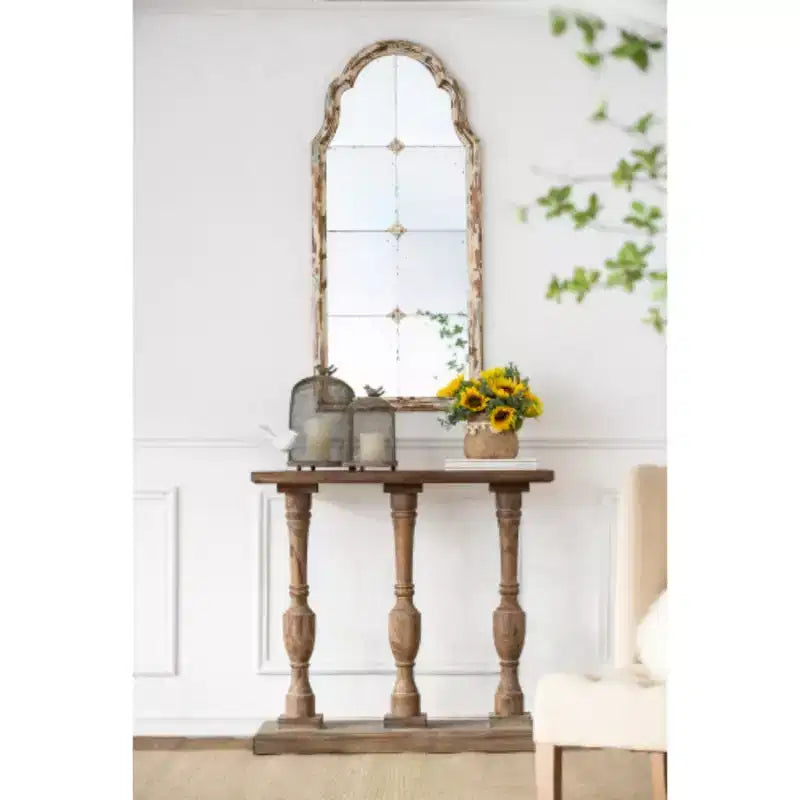 Grand miroir mural encadré crème et or, miroir arqué en bois avec décorations