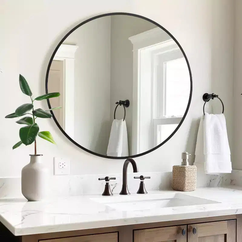 Circular Hanging Mirror with Thin Edge, Black Aluminum Alloy