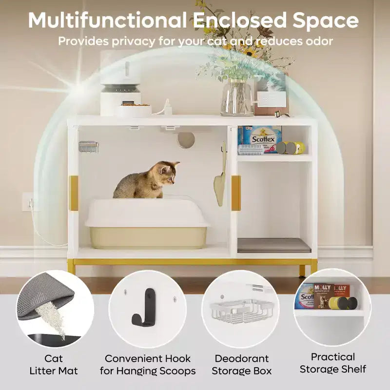 Meuble cache-litière pour chat avec station de charge et tapis de litière