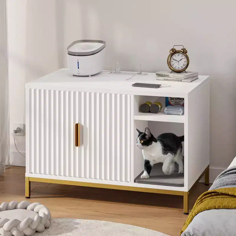 Meuble cache-litière pour chat avec station de charge et tapis de litière