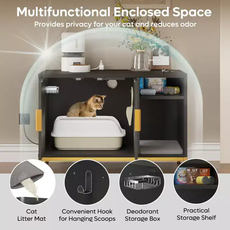 Meuble cache-litière pour chat avec station de charge et tapis de litière