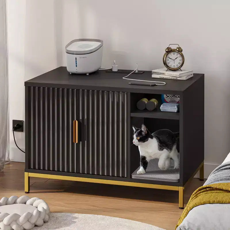 Meuble cache-litière pour chat avec station de charge et tapis de litière