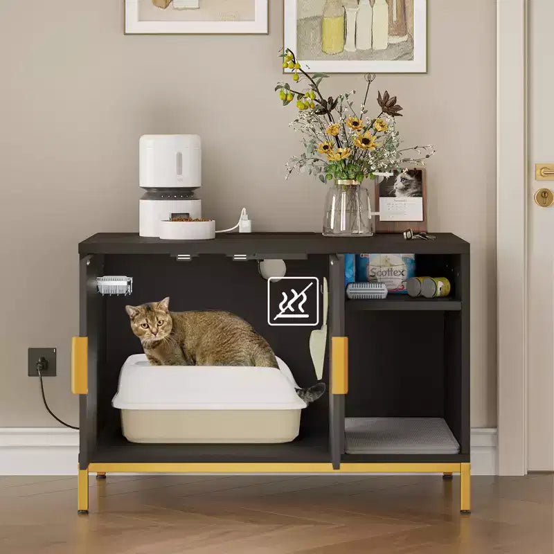 Meuble cache-litière pour chat avec station de charge et tapis de litière