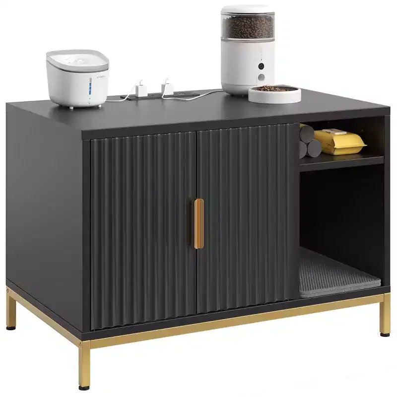 Meuble cache-litière pour chat avec station de charge et tapis de litière