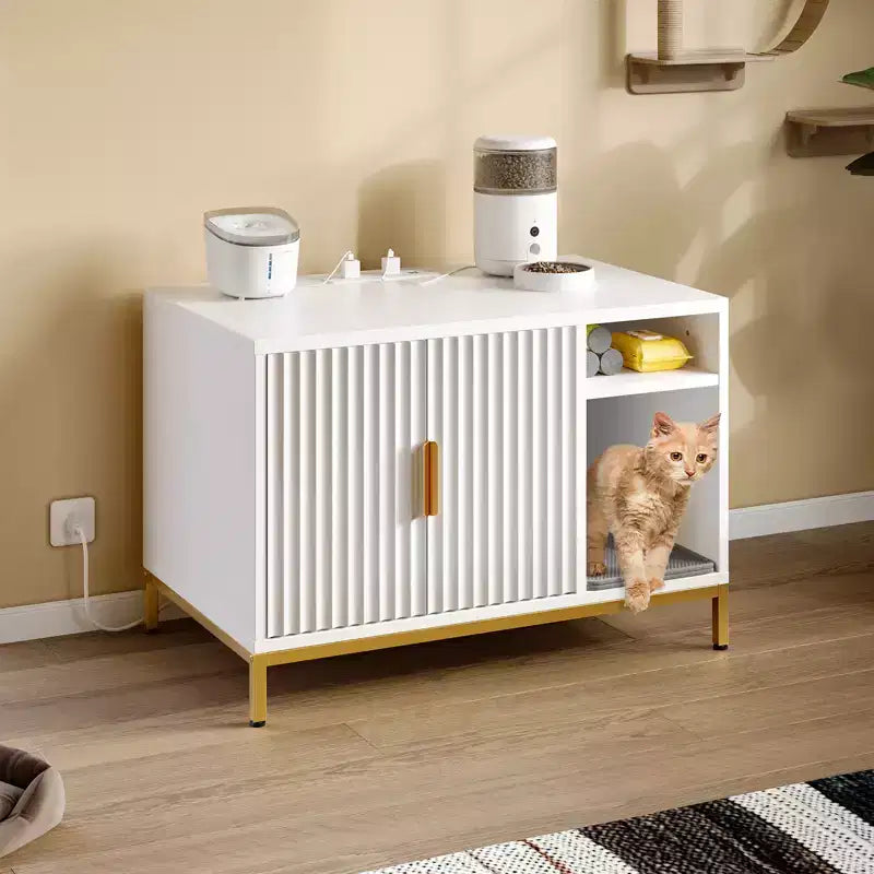 Meuble cache-litière pour chat avec station de charge et tapis de litière