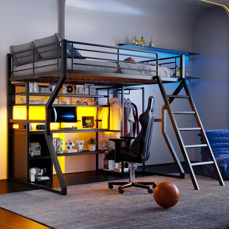 GDFStudio Susan Full Size Metal Loft Bed with Built-in Work Station, Open Wardrobe, LED and Charging Port