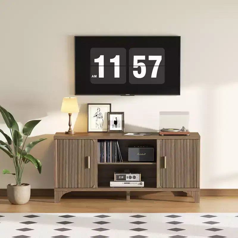 Mid-Century Modern TV Stand for 32-65 in TVs Fluted Doors Storage Cabinets Shelves Walnut