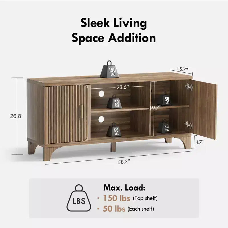 Meuble TV Mid-Century Modern pour téléviseurs de 32 à 65 pouces avec portes cannelées
