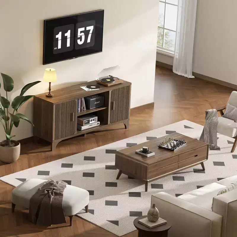 Meuble TV Mid-Century Modern pour téléviseurs de 32 à 65 pouces avec portes cannelées