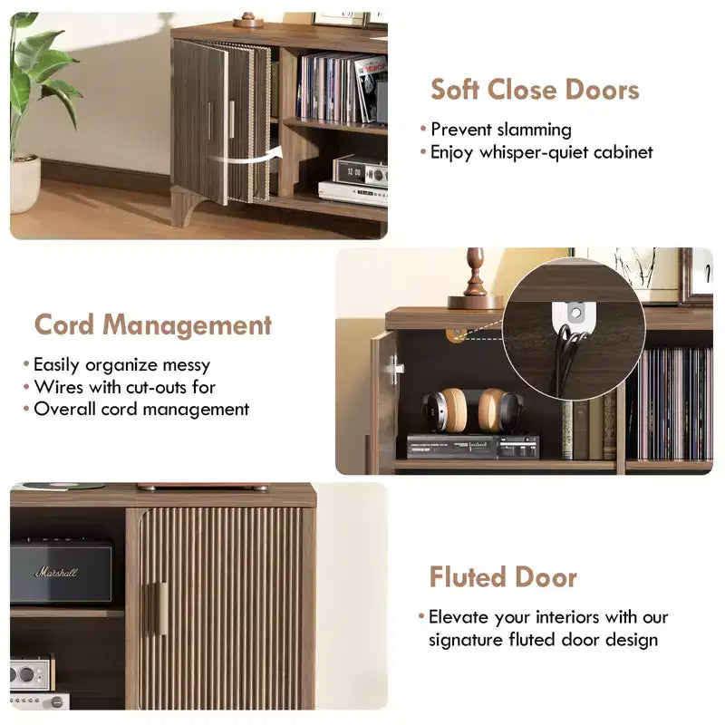 Meuble TV Mid-Century Modern pour téléviseurs de 32 à 65 pouces avec portes cannelées