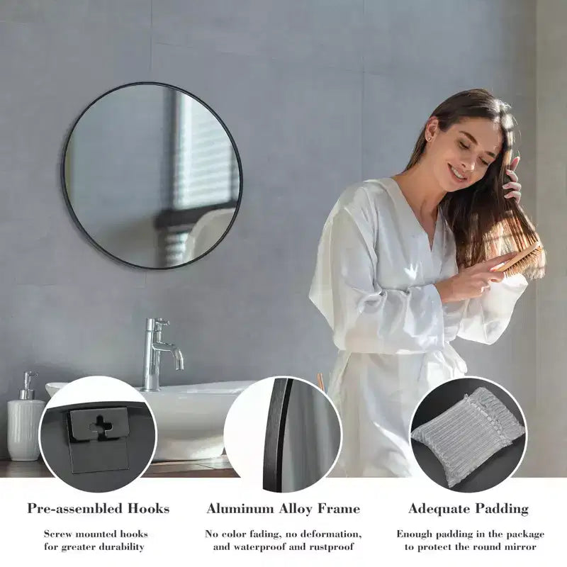 Miroir de salle de bain rond 50 cm, en aluminium à fixer au-dessus d'un lavabo