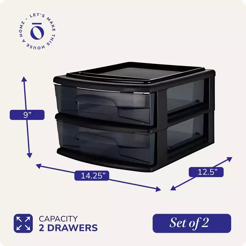 Lot de 2 chariots de rangement, conteneur en plastique à 2 tiroirs, taille moyenne