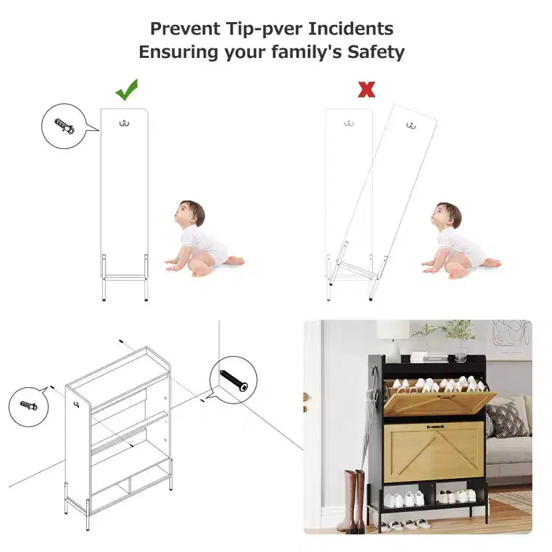 Meuble à chaussures avec 2 tiroirs abattants et rangement ouvert