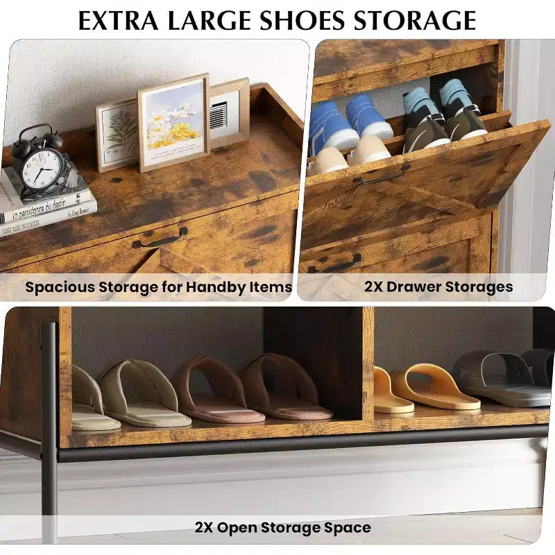 Meuble à chaussures avec 2 tiroirs abattants et rangement ouvert