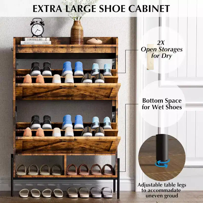 Meuble à chaussures avec 2 tiroirs abattants et rangement ouvert