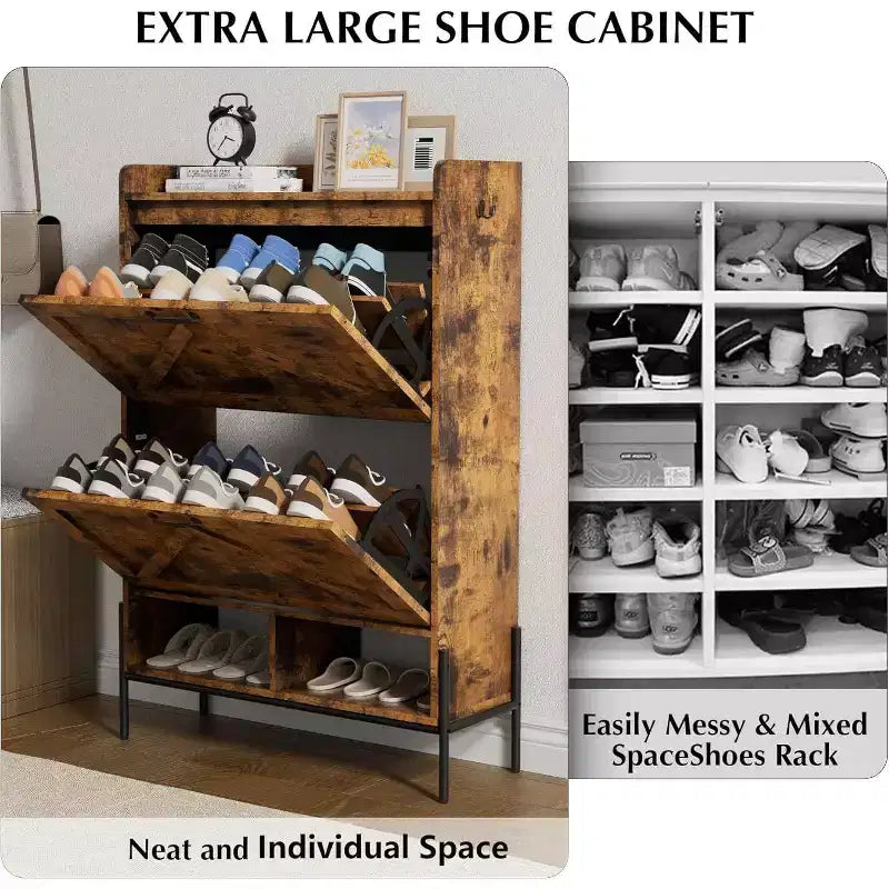Meuble à chaussures avec 2 tiroirs abattants et rangement ouvert