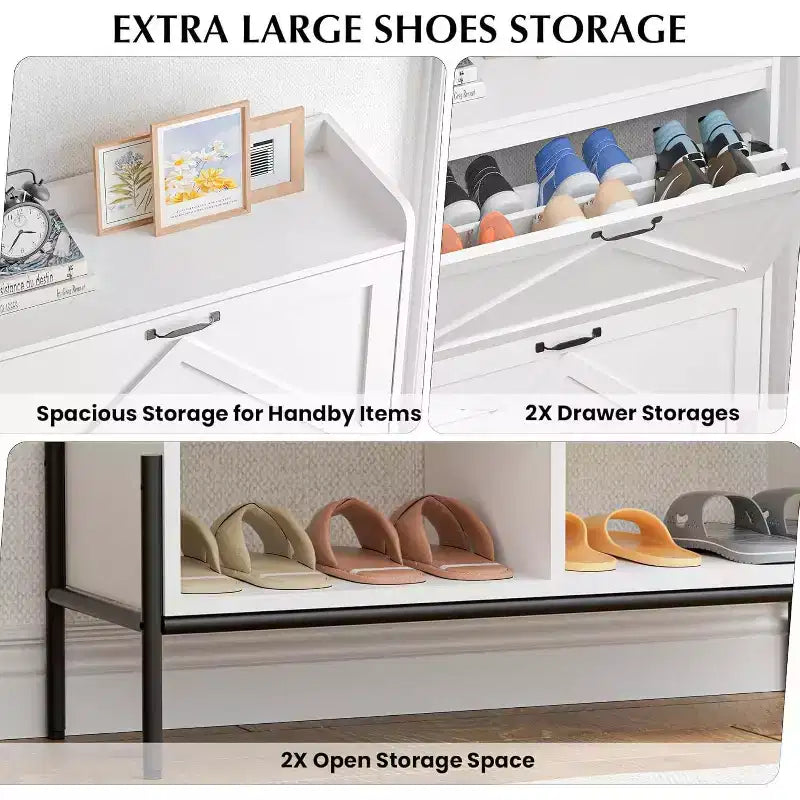 Meuble à chaussures avec 2 tiroirs abattants et rangement ouvert