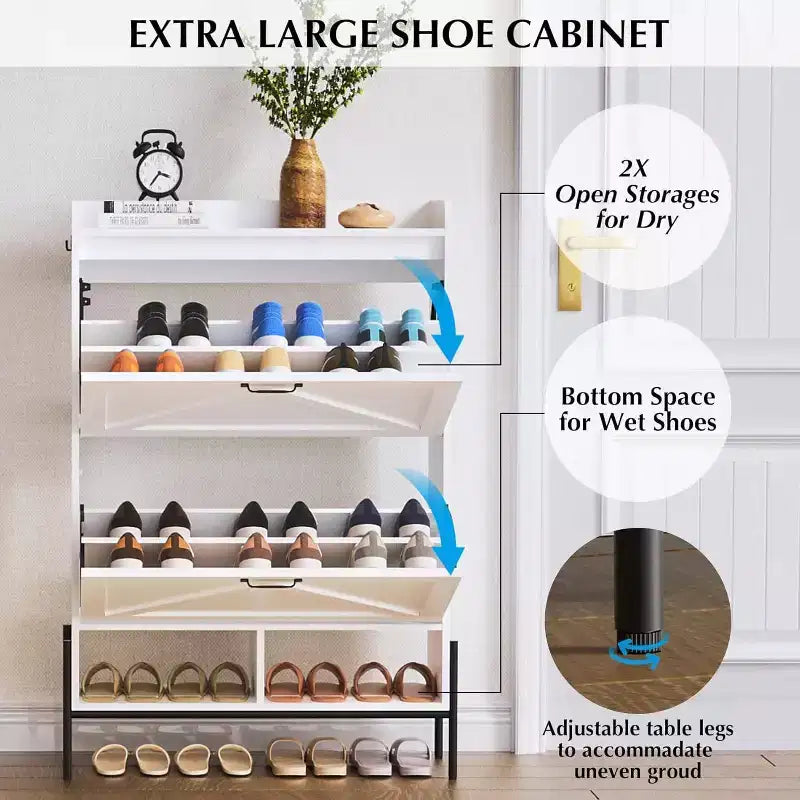 Meuble à chaussures avec 2 tiroirs abattants et rangement ouvert