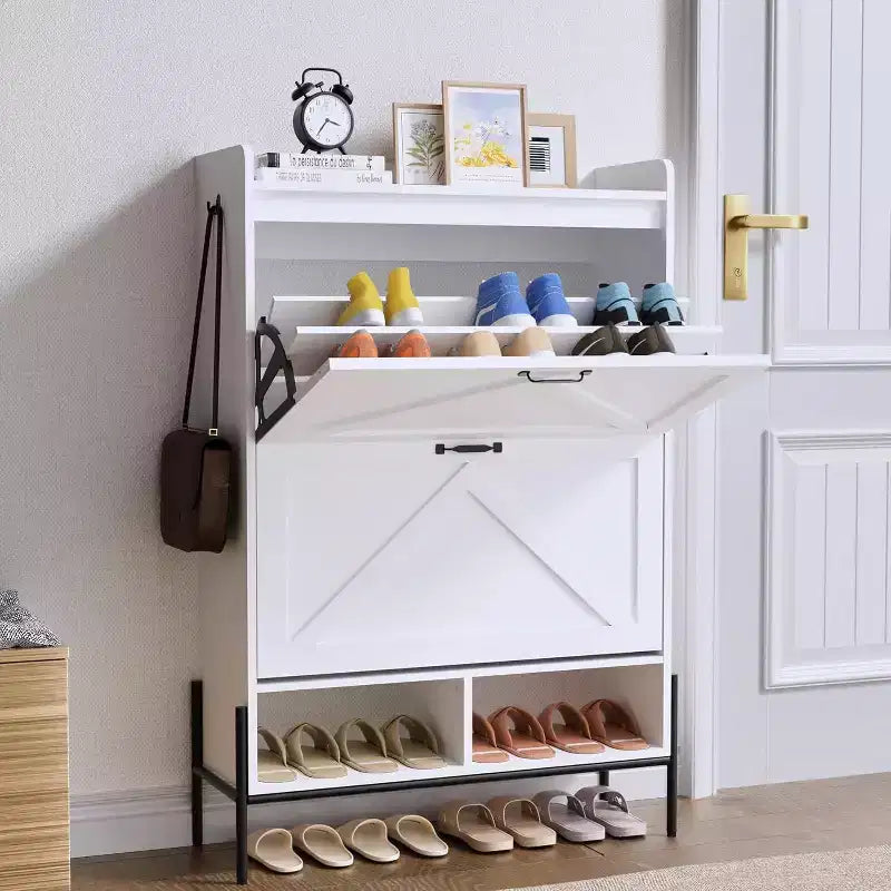 Meuble à chaussures avec 2 tiroirs abattants et rangement ouvert