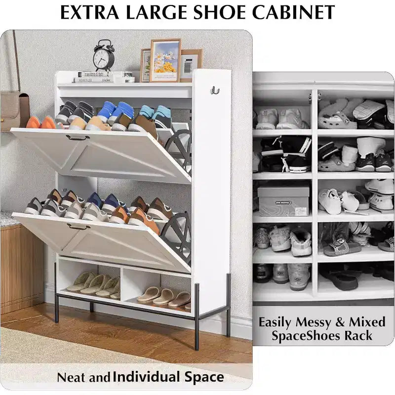 Meuble à chaussures avec 2 tiroirs abattants et rangement ouvert