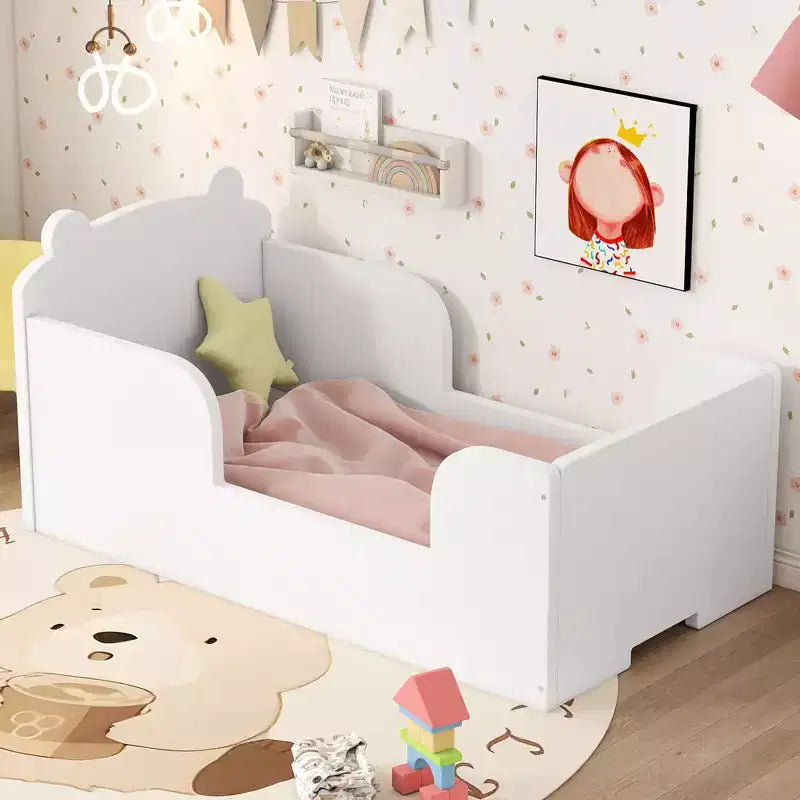 Okak Bear-Shaped Floor Bed for Ages 3-6, Toddler Bed Frame with Safety Fence, Cute Animal-Shaped Kids Bed