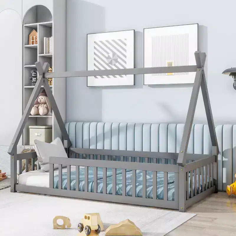 Okak Twin/Full Size Floor Bed Frame with Removable Tent-Shaped Roof & 360Safety Guardrails for Toddlers 2-6 Years, Easy Assembly Kids Bed, Kids Room