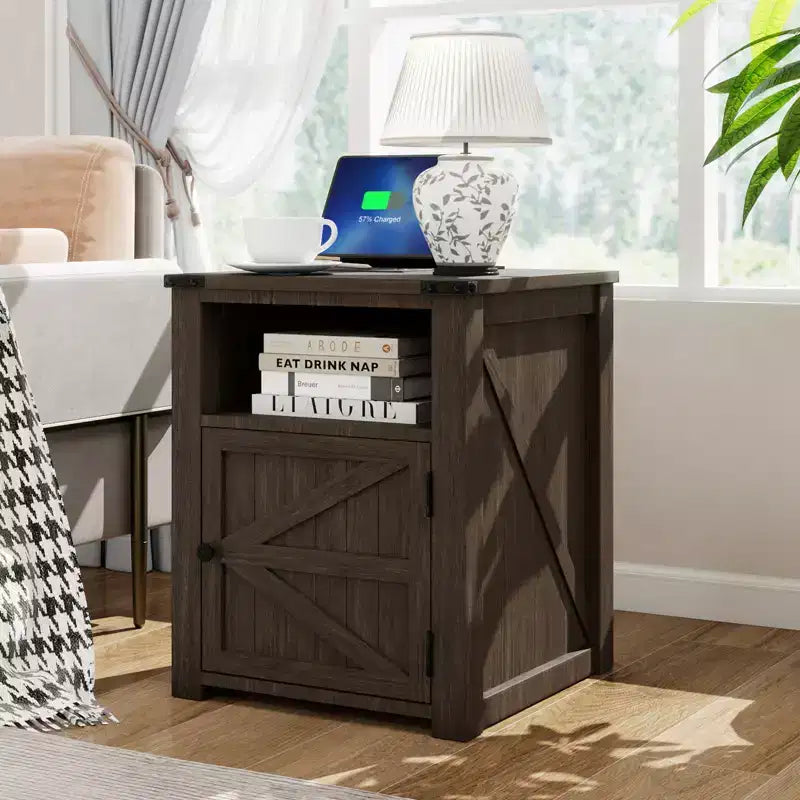 MUUEGM 24 Farmhouse End Table| Nightstand Bedside Table with Charging Station and Door &Storage Shelf