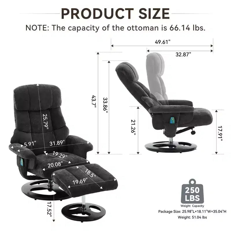 Fauteuil inclinable avec ottoman, fauteuil inclinable massant pivotant avec chauffage
