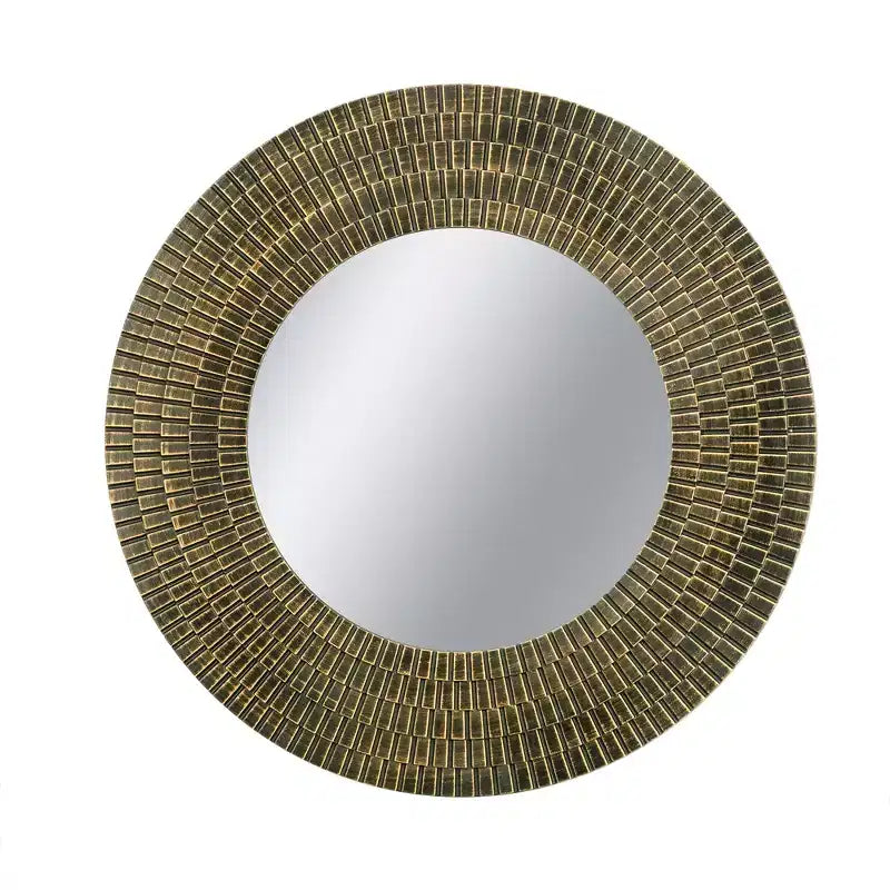 29.5 Inch Round Gold and Black Wooden Wall Mirror with Woven Texture