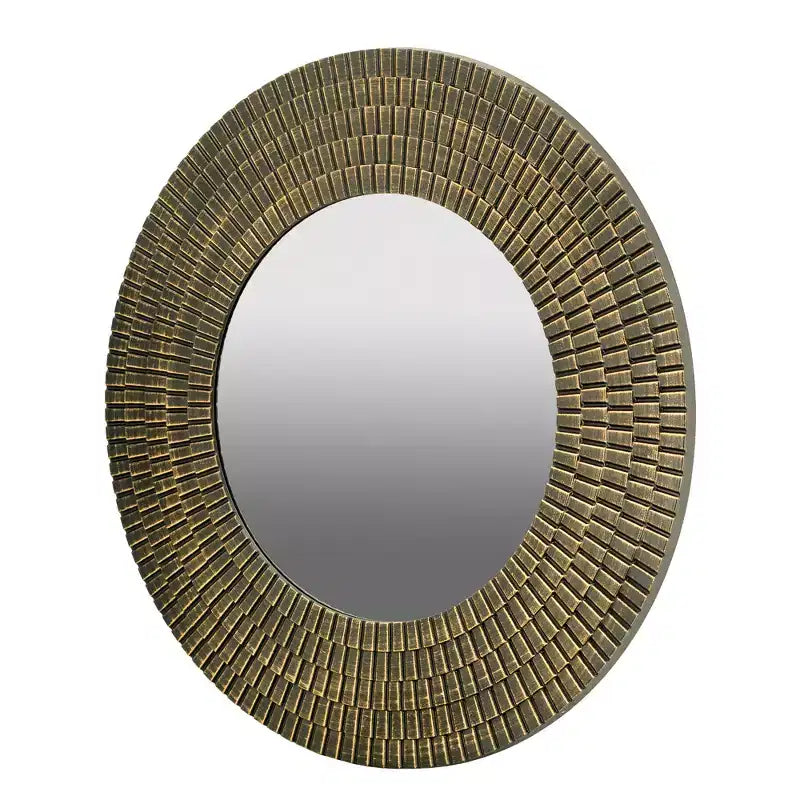 Miroir mural rond en bois doré et noir à texture tissée