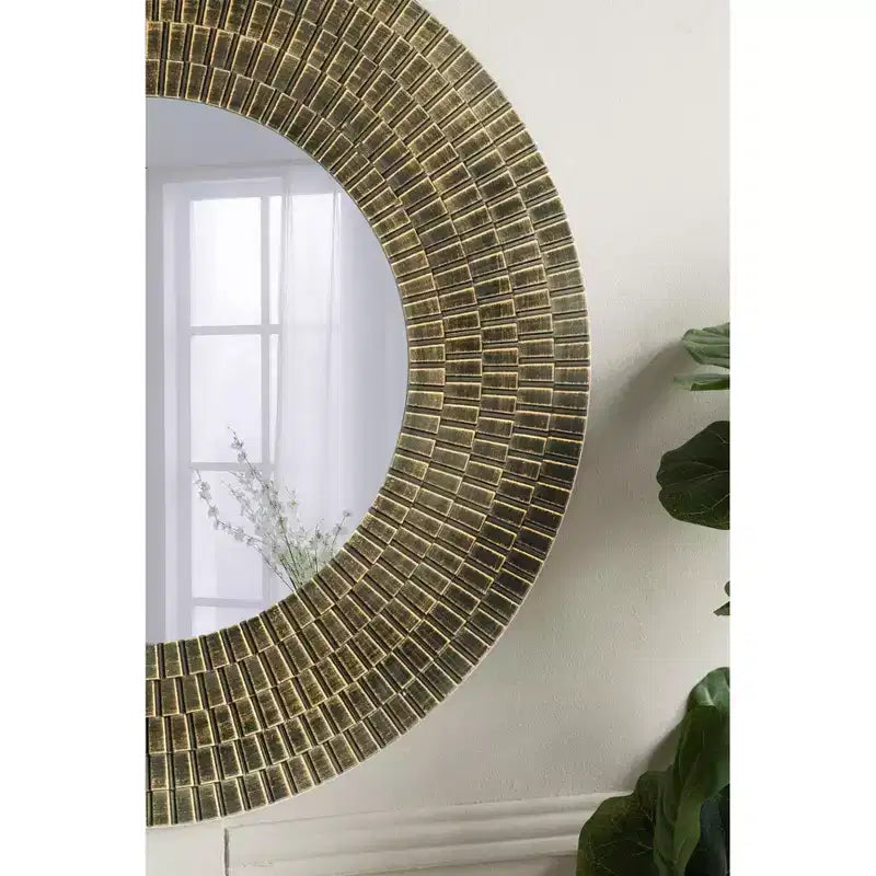 Miroir mural rond en bois doré et noir à texture tissée