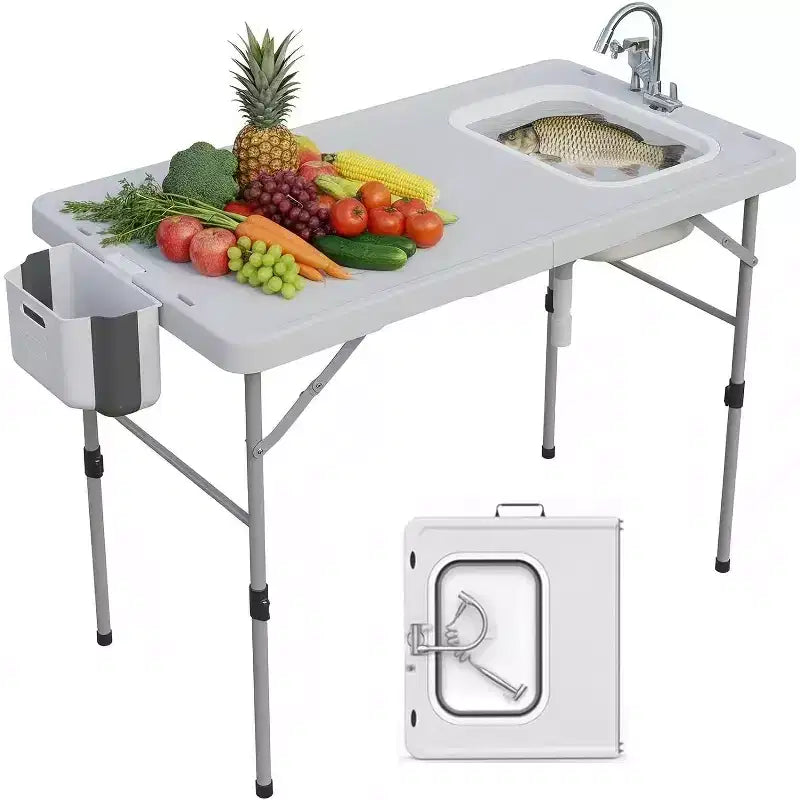 Folding Fish Cleaning Table with Foldable Sink, Portable Camping Table & Fish Cleaning Station, Camping Sink with Faucet Drainage Hose & Sprayer
