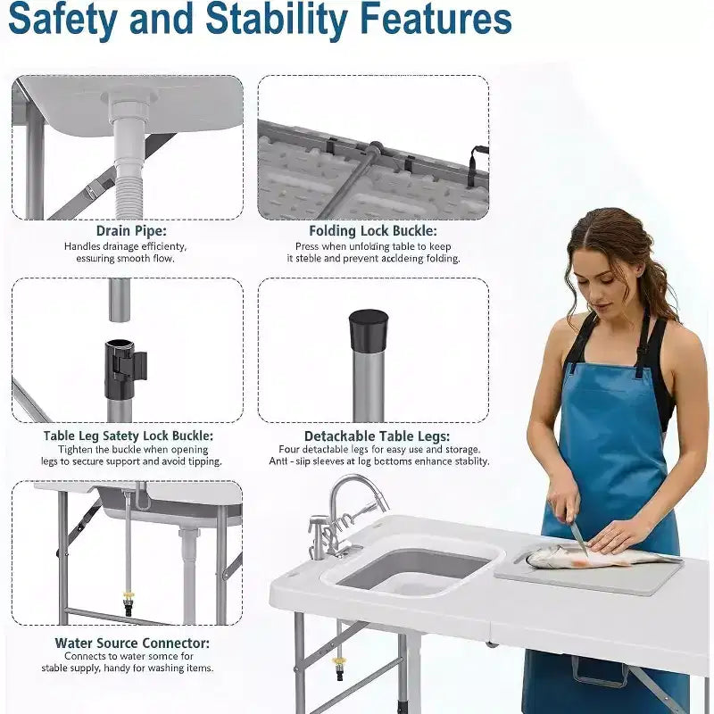 Table de nettoyage de poisson pliante avec évier pliable, table de camping portable