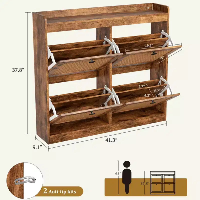 Meuble à chaussures avec 4 tiroirs basculants, meuble à chaussures en bois avec portes en rotin
