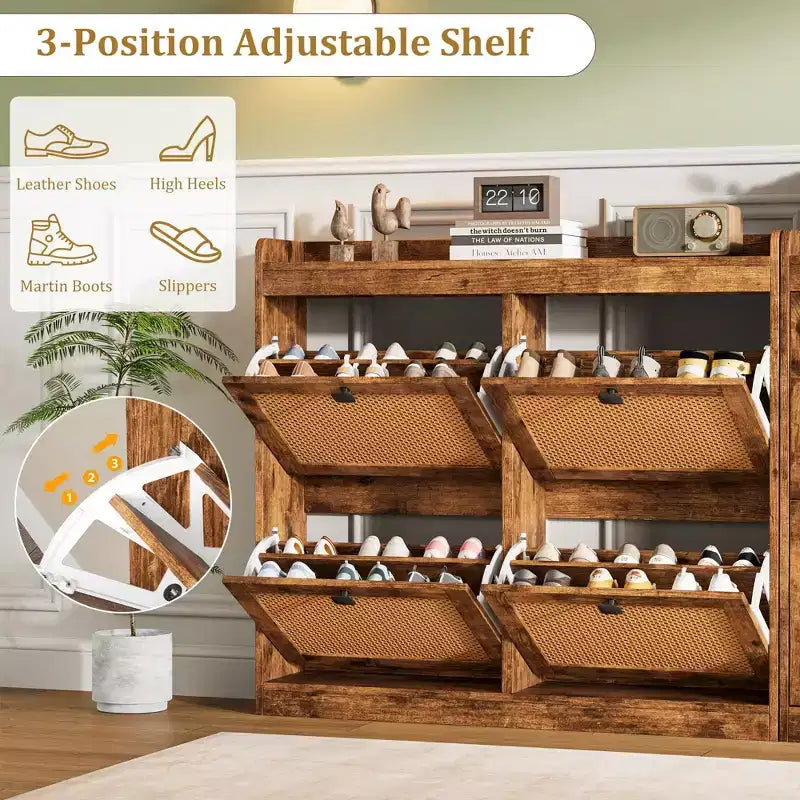 Meuble à chaussures avec 4 tiroirs basculants, meuble à chaussures en bois avec portes en rotin