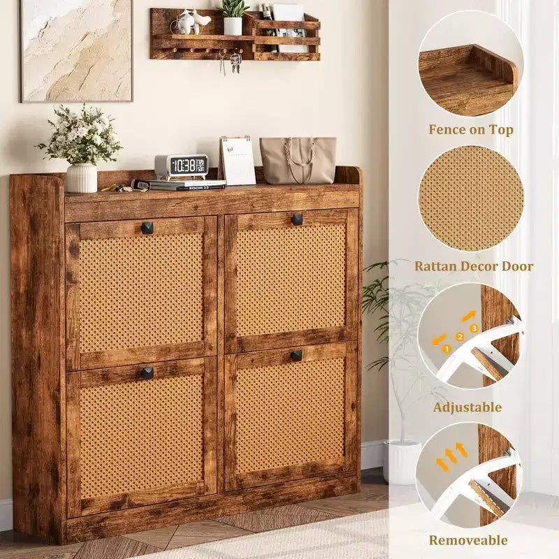 Meuble à chaussures avec 4 tiroirs basculants, meuble à chaussures en bois avec portes en rotin