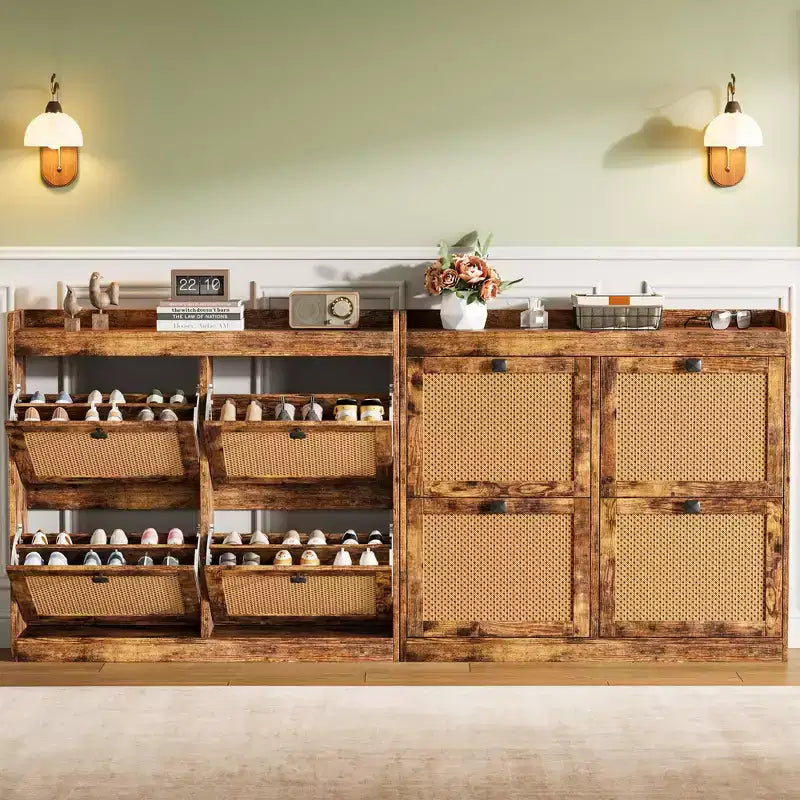 Meuble à chaussures avec 4 tiroirs basculants, meuble à chaussures en bois avec portes en rotin