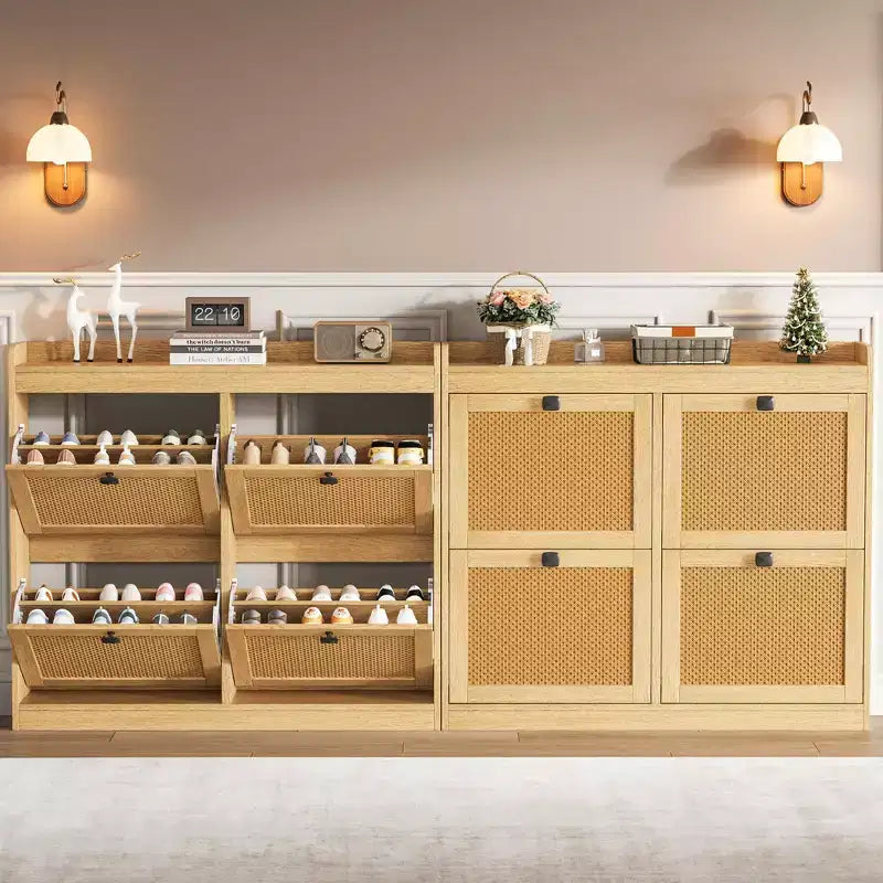 Meuble à chaussures avec 4 tiroirs basculants, meuble à chaussures en bois avec portes en rotin