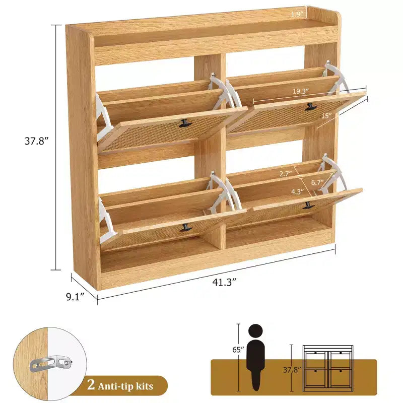 Meuble à chaussures avec 4 tiroirs basculants, meuble à chaussures en bois avec portes en rotin