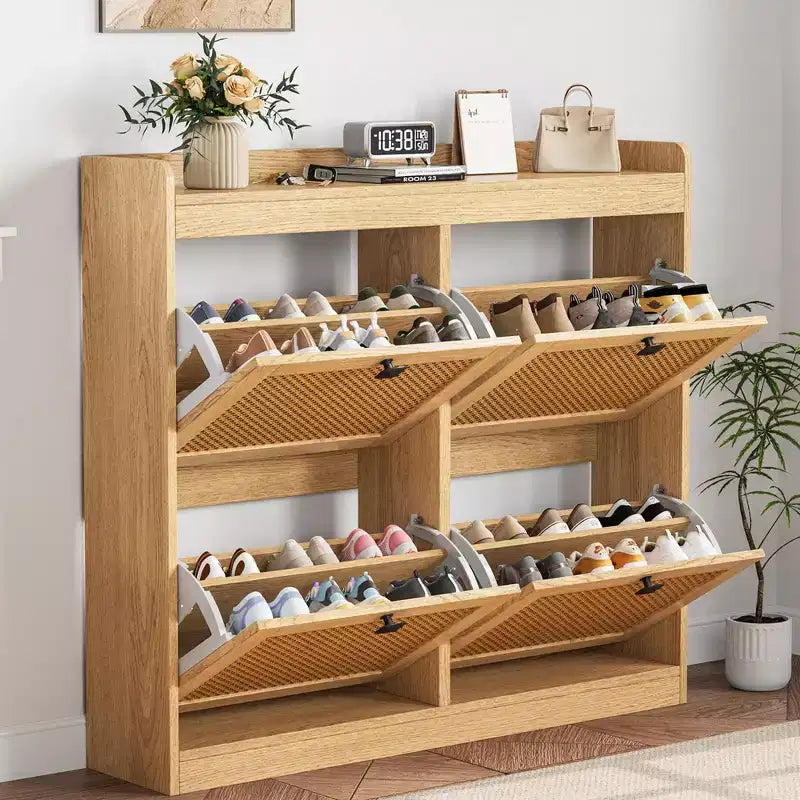 Meuble à chaussures avec 4 tiroirs basculants, meuble à chaussures en bois avec portes en rotin